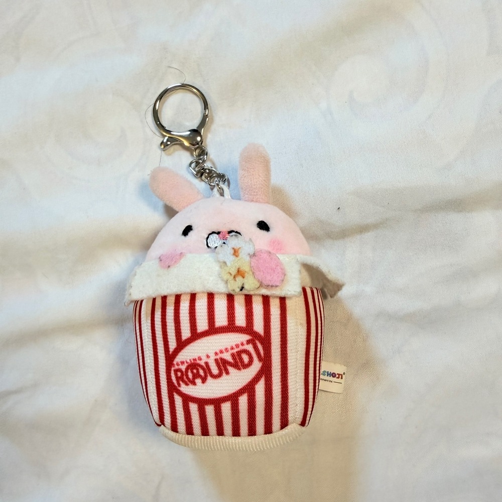 Round 1 Arcade Takashoji Pink Bunny Popcorn Bucket Plush Keychain Bag Charm